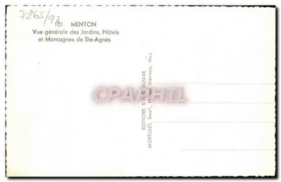 Menton — Algemene uitzicht op de Tuinen, Hotels en Berghoogten van Ste-Agnès — Edities D'Art Munier, Nice — Achterkant
