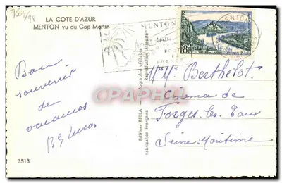 Pavillon Restauracji — Menton widziana z Cap Martin — Wydawnictwo Rella — Rewers