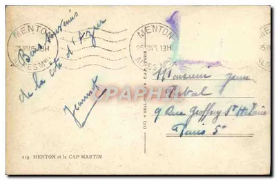 Menton i Cap Martin — widok z wybrzeża — wydawca REAL-PHOTO, nr 119 — Rewers