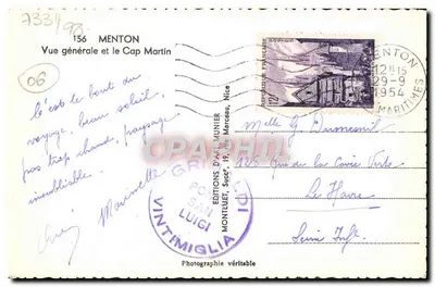 Menton — Vista geral e o Cabo Martin — Éditions d'Art Munier, n°156 — Verso