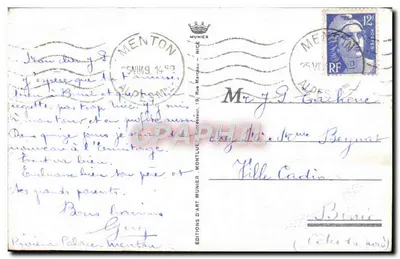 Menton — Ogólny widok z granicy włoskiej — Éditions d'Art Munier, Nice, n°9 — Rewers