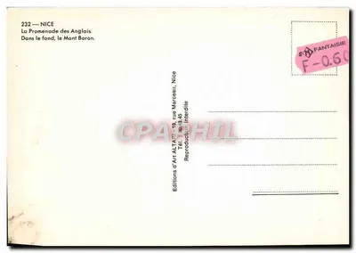 Nice — Promenada Anglijska — Mont Boron na tle — Wydawnictwo Sztuki ALTARI, Nice — Rewers