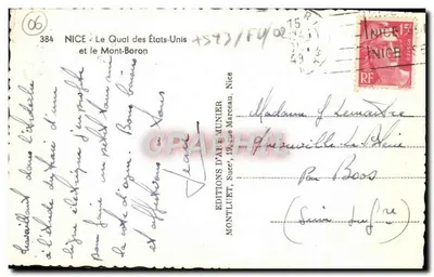 Stara pocztówka Nice Quai des Etats Unis i Mont Boron — Rewers