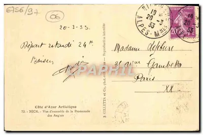 Côte d'Azur Artistique — Ogólny Widok Promenady Anglijskiej — J. Gilletta et Cie, n°72 — Rewers
