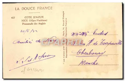 Nice, ses Alpes et sa côte fleurie — vue de la Promenade des Anglais avec palmier central — éditeur : LA DOUCE FRANCE, n°427 — Achterkant