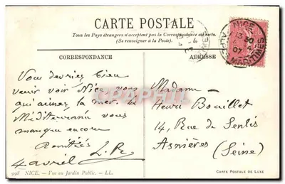 Nice — Vue au Jardin Public — Carte Postale de Luxe n°998 — Rewers
