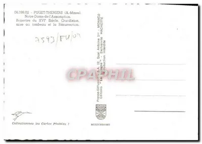 Puget-Thenières (A.-Mmes) — Nossa Senhora da Assunção. Carpintaria do século XVI. Crucificação, colocação no túmulo e a Ressurreição — Presses-Diffusion S.A. 12, Monaco Hachette — Verso