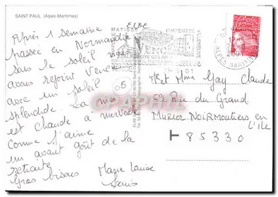 Założenie miasta Saint-Paul (Alpes-Maritimes) — widok fontanny i kwitnących fasad — wydawca nieznany, numer serii nie widoczny — Rewers