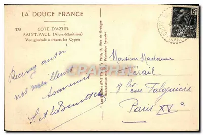 Saint-Paul (Alpes-Maritimes) — Vista general a través de los cipreses — Ediciones d'Arte Yvonne, n°378 — Reverso