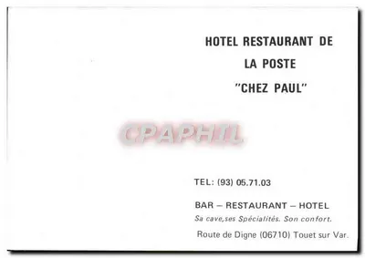 Da Paul — Hotel Ristorante de la Poste — Touet sur Var — Verso