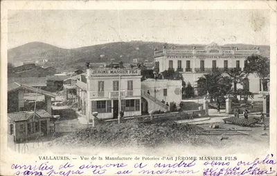 Bilhete postal antigo Vallauris Vista da Fábrica de Cerâmica de Arte Jerome Massier Filho