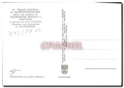 Capela São Pedro de Villefranche-sur-Mer — oferecida aos pescadores de Villefranche, belo lugar e São João — editor Mexichrome — Verso