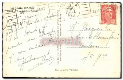 Nowoczesna pocztówka Cote d'Azur zachód słońca statek rybacki rybołówstwo — Rewers