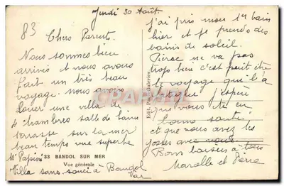 Vista geral de Bandol — Editor Paris Galeries — n° 83 — Verso