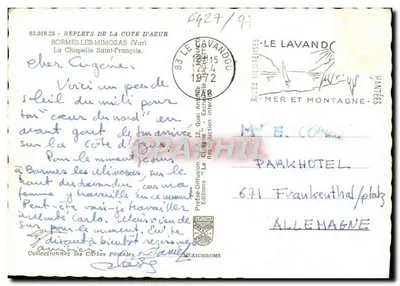 Nowoczesna pocztówka Refleksy Côte d'Azur Bormes Les Mimosas La Chapelle Saint Francois — Rewers