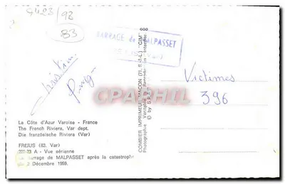Zbiornik wodny Malpasset — widok z lotu po katastrofie — Combier Imprimeur, Macon — Rewers