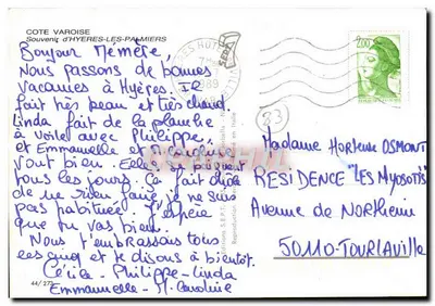 Hyères-les-Palmiers — Vista da cidade e de seus monumentos — Edições S.E.P.T. n°44/273 — Verso