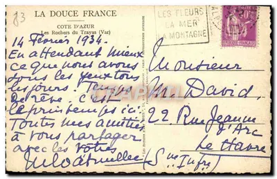 Rochery Trayas — Półwysip Côte d'Azur (Var) — Wydawnictwo Sztuki WOY, 14 lutego 1934 — Rewers