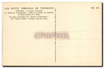 Toulon — O Caisso Cronstadt e a Darse Velha — estátua do Gênio da Navegação por Daumas — editor MONA, série SE. 241 — Verso