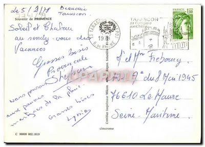 Lembrança da Provença — editor Comblier, n° de série C 99999 002.1819 — Verso
