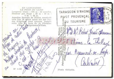 Pont du Gard — Aqueduc Romano de Nîmes — Editor Greff, Paris, N° 1.123 — Verso