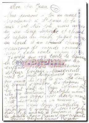 Le Saintes-Maries-de-la-Mer — vista aerea, statua, flaminghi e cavalieri — editore Società E.C. n° 13.96/53 — Verso