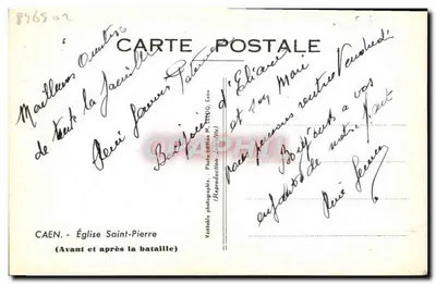 Caen — Katedra Świętego Piotra — Przed i po bitwie — Photo-édition M. TROU, Caen — Rewers