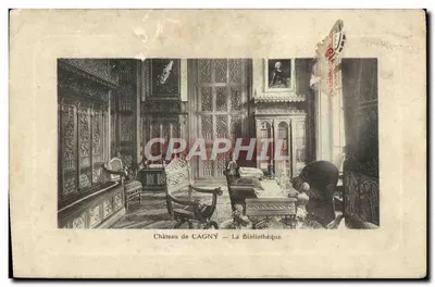 Bilhete postal antigo Castelo de Cagny A Biblioteca