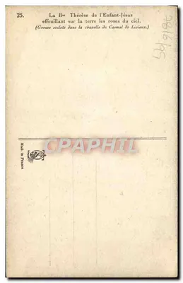 A Béthérèse do Menino Jesus — desfolhando na terra as rosas do céu — gravura esculpida na capela do Carmelo de Lisieux — n°25 — Verso