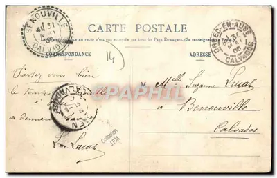Orbec - Grande-Rue — vue de la rue principale avec édifice à clocher — Imprimerie-Librairie A. Legrand, Orbec (Calvados) — Verso