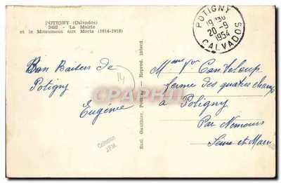 Bilhete postal antigo Potigny A prefeitura e o monumento aos mortos — Verso