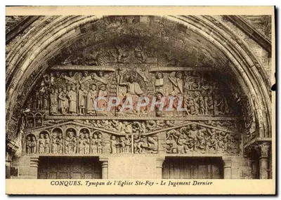 Bilhete postal antigo Conques Tympan da igreja Santa Foy o Juízo Final