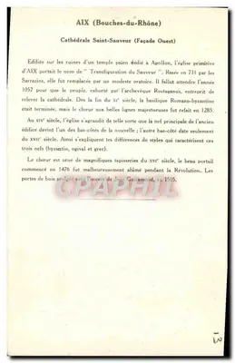 Aix (Bouches-du-Rhône) — Catedral de São Salvador (Fachada Oeste) — Coleção da Kolarsine e da Solução Pautaubege, 3ª Série — Verso
