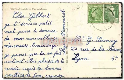 Tarjeta postal moderna Vonnas Vista General — Reverso