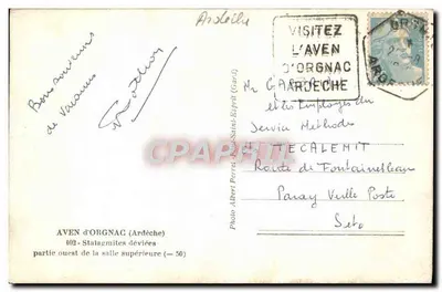 Aven d'Orgnac — Stalagmiti deviati — parte ovest della sala superiore — Foto Albert Parret, Paul-Saint-Esprit (Gard) — n° 402 — Verso