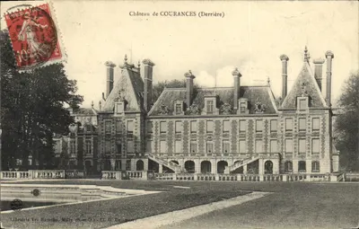 Castelo de COURANCES (Derrière) — vista do castelo com jardim e lagoinha — Livraria Vve. Hamelin, Mélly (Seine-et-Oise) - Cl. G. Doldmann