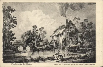 Moinho perto de Chatou — Pintado por F. Boucher, gravado por Basan (século XVIII) — Coleção L. Bigard