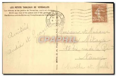 Małe obrazki z Versailles — widok z lotu zamek i ogrody — wydawca Mona, numer serii nie widoczny — Rewers