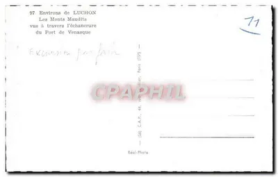 Ao redor de LUCHON — Os Montes Maudits vistos através da abertura do Port de Venasque — C.A.R., 44, rue Bullier, Paris — Verso