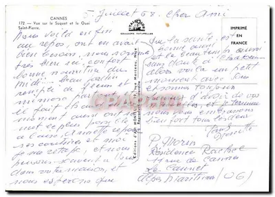 Cannes — Widok na Suquet i nabrzeże św. Piotra — Wydawnictwo Art Montluet, nr 172 — Rewers