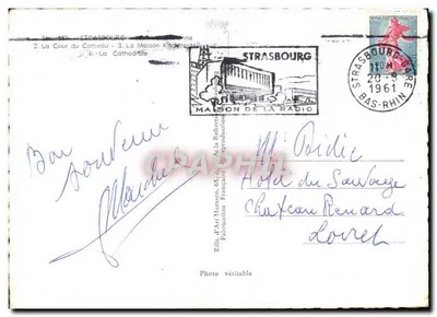 Strasbourg — vue aérienne, cathédrale, cour du Corbeau et maison à colombages — Édit. d'Art Marasco — Verso
