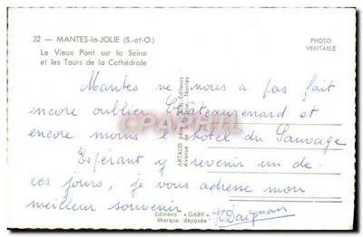 Mantes-la-Jolie — Ansicht des alten Brücke über die Seine und der Türme der Kathedrale — Gaby — Rückseite