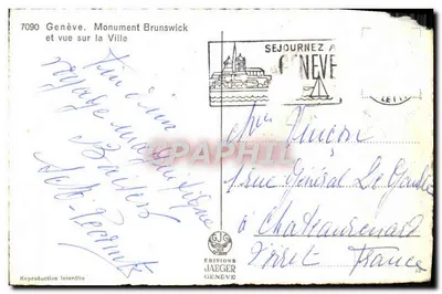 Genève. Monument Brunswick et vue sur la Ville — Éditions Jaeger, n° 7090 — Rewers