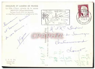 Menton (Alpes-Maritimes) — kwitnąca tarasowa z widokiem na zatokę i miasto — Wydawnictwo Dart, Paryż — Rewers