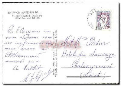 Vue aérienne de Bertholène — Hôtel Bancarel — édition LAPIE — Verso