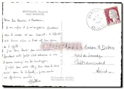 Bilhete postal moderno Hotel Bancarel Bertholene — Verso