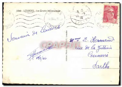 Lourdes — Grotta cudowna — Wydawnictwo Foto Quinault, Lourdes, nr 1046 — Rewers