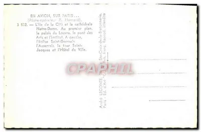 Vue aérienne de Paris — Île de la Cité, cathédrale Notre-Dame, palais du Louvre, pont des Arts, église Saint-Germain-l'Auxerrois, tour Saint-Jacques et Hôtel de Ville — André Leconte, Éd. d'Art, Paris — Verso