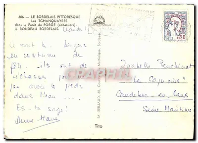 Les Tchanquayres — Floresta do Porge (Landes) — Editor M. Berjaud, n°606 — Verso