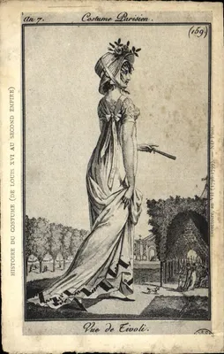 Traje Parisiense — Traje da época do Segundo Império — Diretório, ano VII (1798-1799) — Vista de Eivoli — n°159